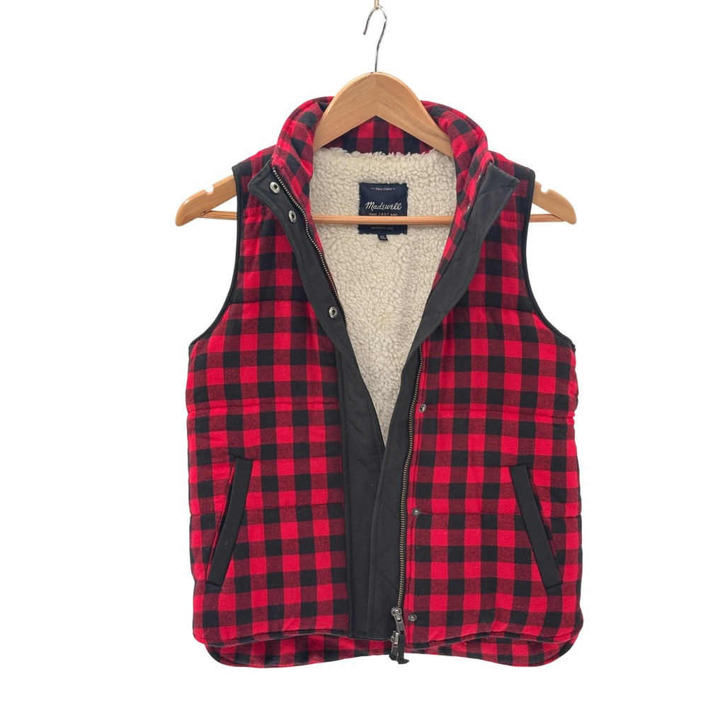Madewell Vest Fireside Buffalo Plaid Sherpa Lined Black Red Check Women Size XS